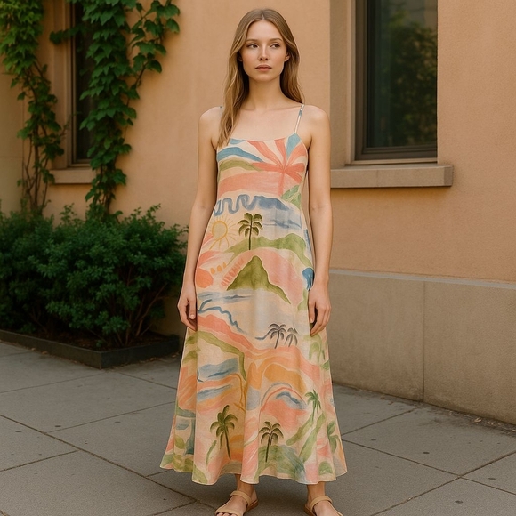 Paper Crane Tropical Maxi Dress Small Spring Summer Vacation Cruise Beach - Picture 1 of 7